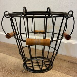 Black Iron Wire Log/Storage Basket w/ 4 Wooden Handles Farmhouse Rustic